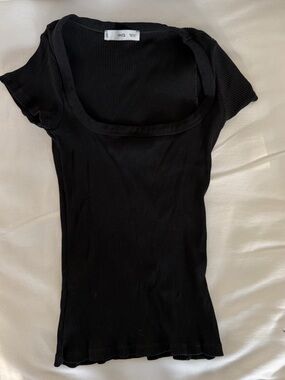 Mango Black Ribbed Scoop Neck Short Sleeve Top